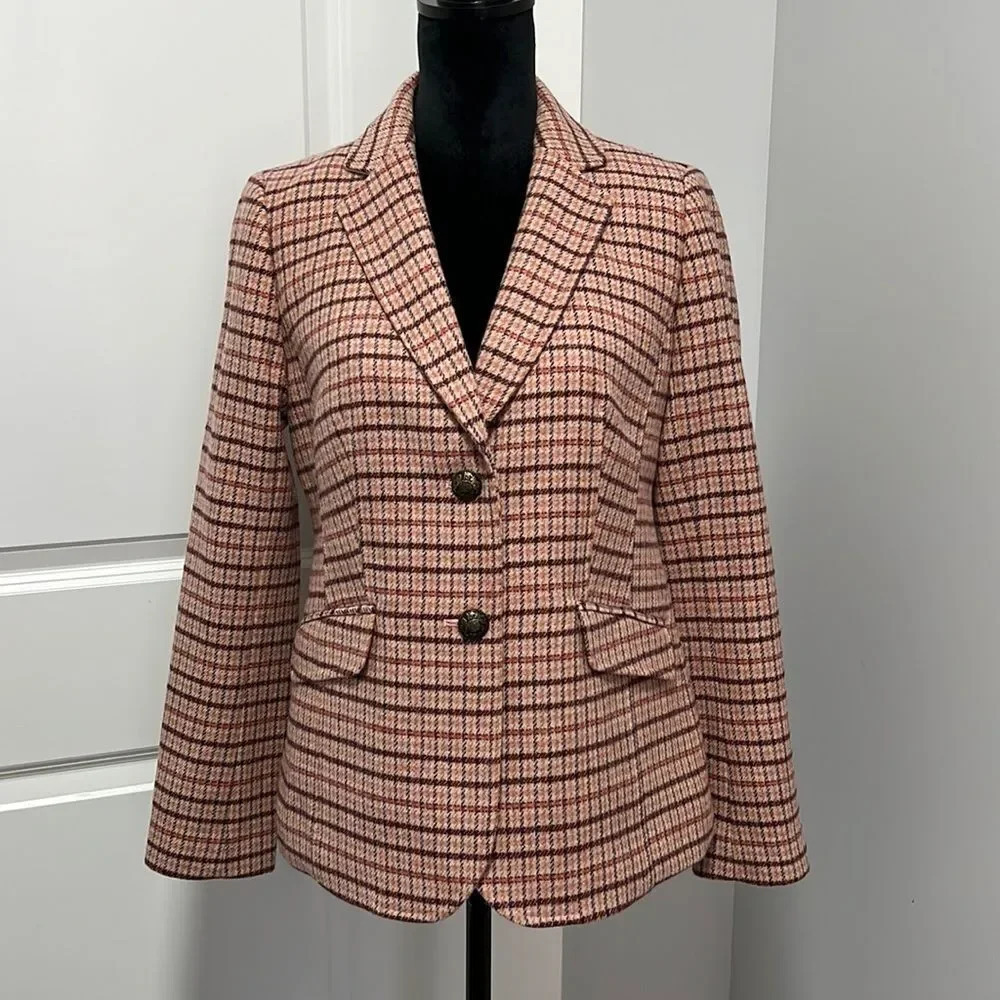 TALBOTS WOMENS PINK WOOL PLAID LONG SLEEVE SINGLE BREAST 2 BUTTON BLAZER SIZE 6
